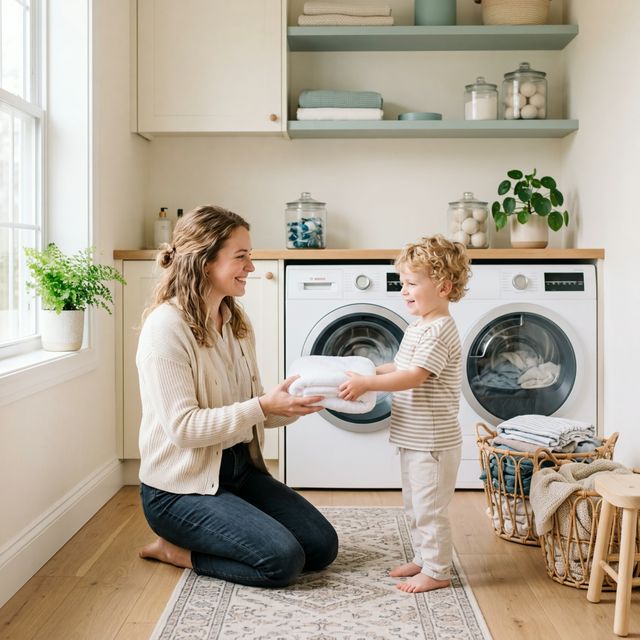 Mother and child sharing fresh laundry in a clean modern laundry room
