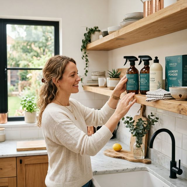Woman arranging premium Scrubsy cleaning products on a beautiful open kitchen shelf