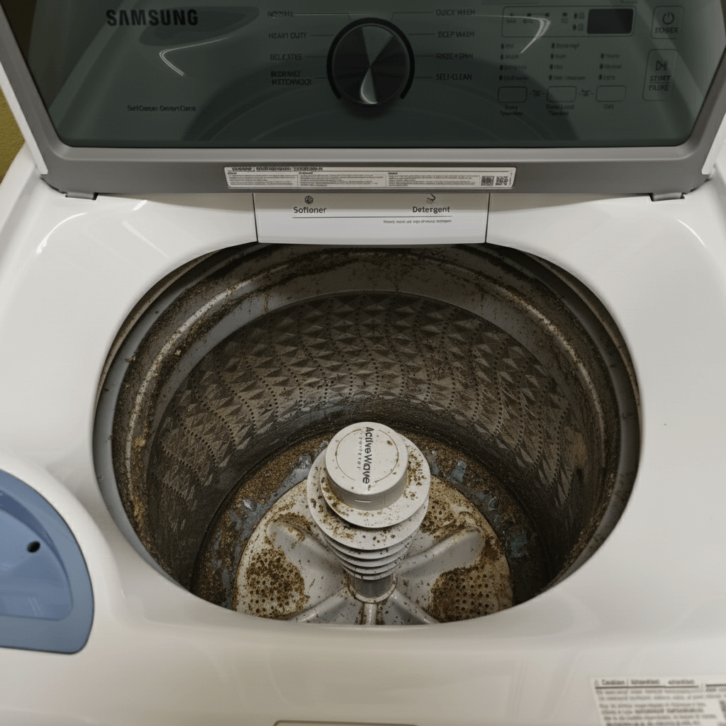 Dirty washing machine drum with buildup and residue