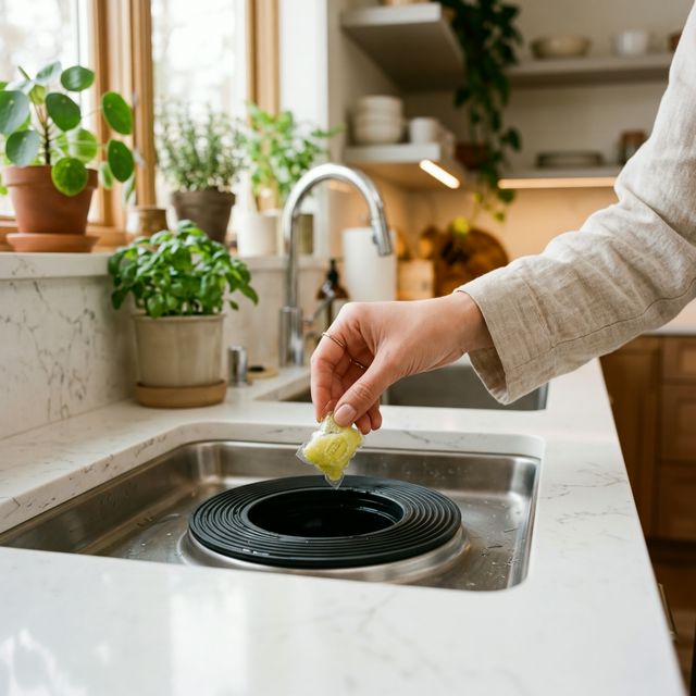 Hand dropping a Scrubsy pod into a kitchen garbage disposal