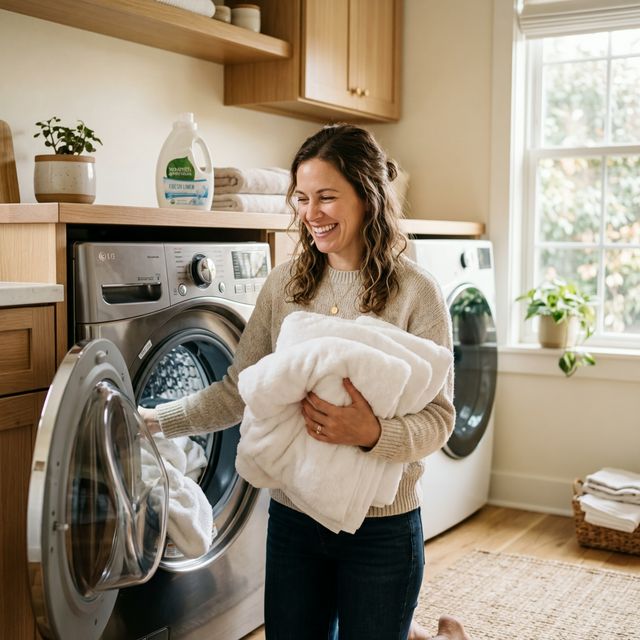 Smiling woman pulling fresh white towels from a clean washing machine