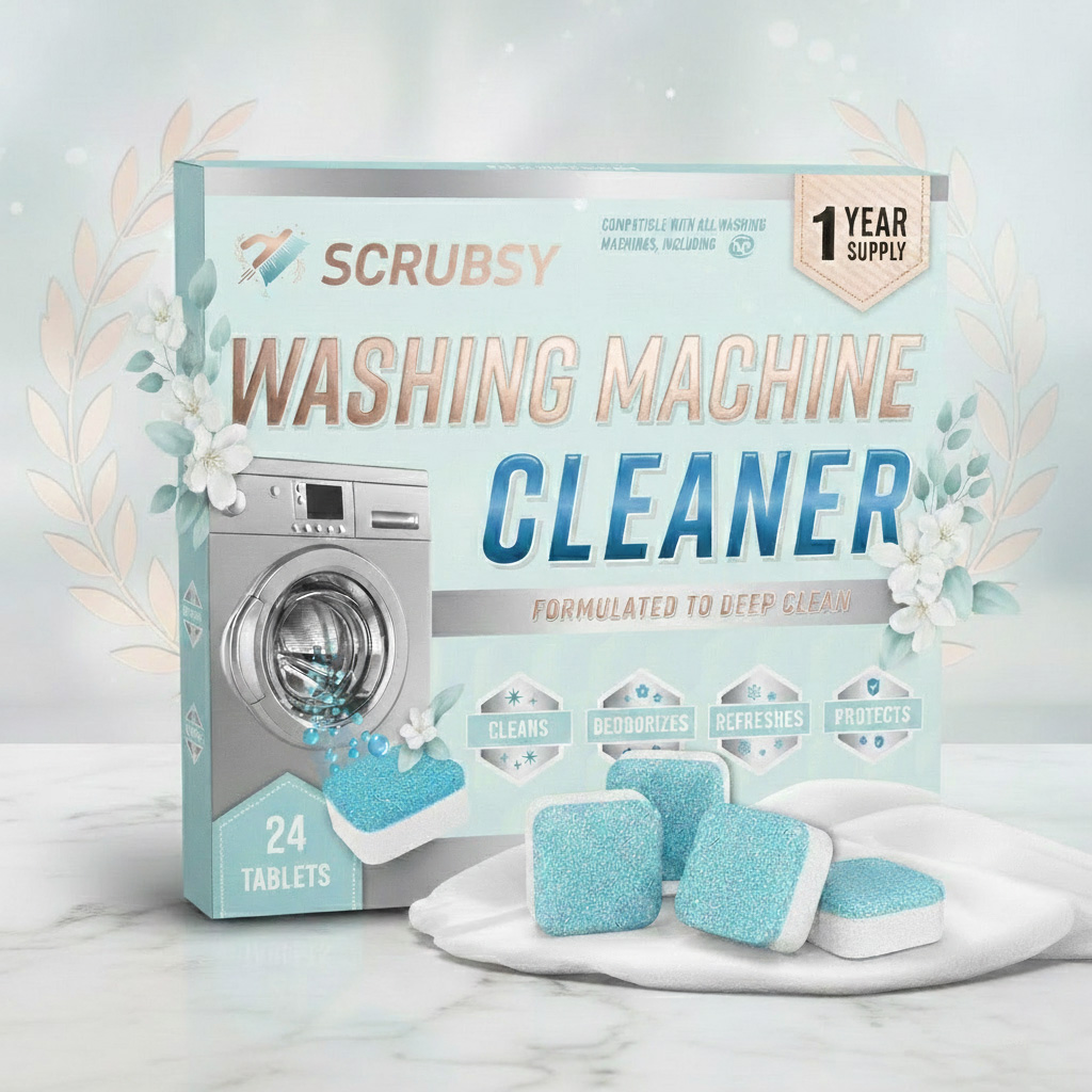 Scrubsy Washing Machine Cleaner product box with tablets